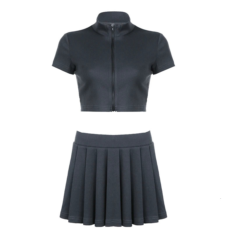 BIIKPIIK Fashion Knitted Two Piece Sets for Women Sexy Club Style Skirts Suits Zipper Short Sleeve Tshirt Mini Pleated Skirt 250514