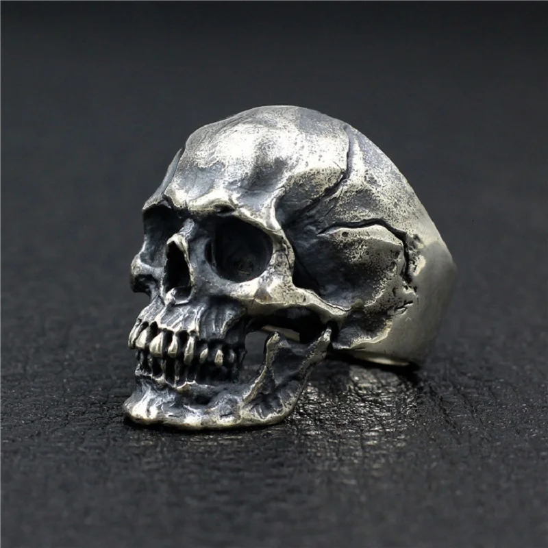 34mm Width Real Silver Big Retro Skull Ring Man Woman S925 Sterling Silver Handmade Skull Head Closed Rings Male Fine Jewelry 250509
