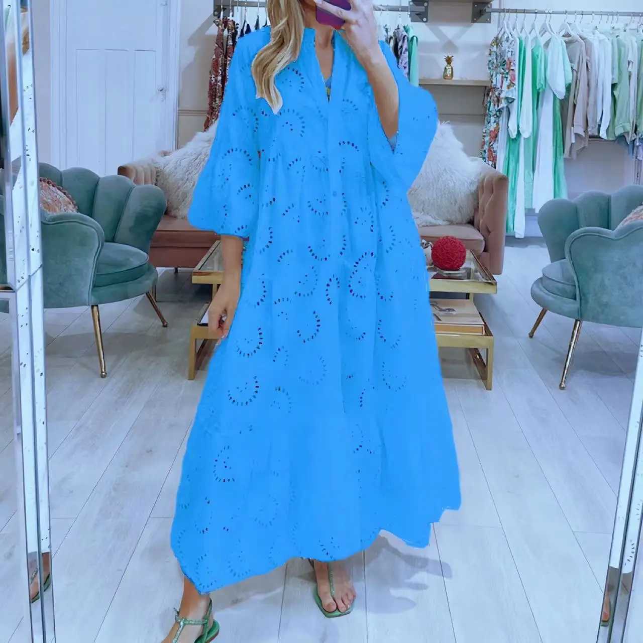 Dresses for Dresses Spring Summer Shirt Dress 2024 White Dresses V-Neck Flared Sleeves Lace Hollow Solid Color Sexy Long DressesXJ250514