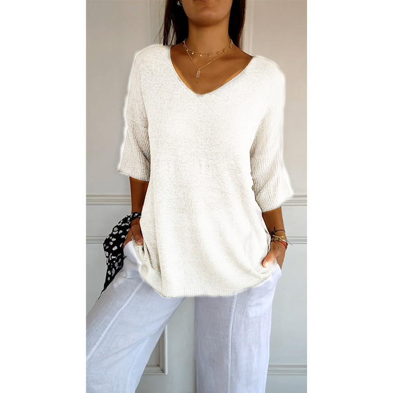 Knitted sweater casual sweater basic style slimming V-neck seven quarter sleeve solid color knitted sweater womens base shirt 250514