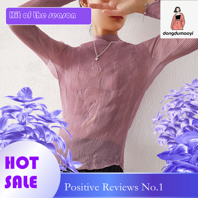 dongdumaoyi Wrinkled top transparent spring and autumn three house T-shirt slim fit base long sleeved new sexy silk shirt for women