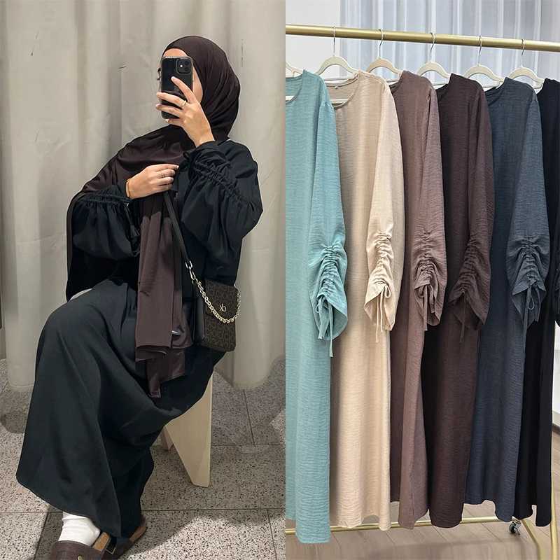 Eid Islamic Modest Dress for Women Abaya Lace-up Slve Morocco Casual Ramadan Vestidos Prayer Kaftan Dubai Muslim Long Robe X2505141