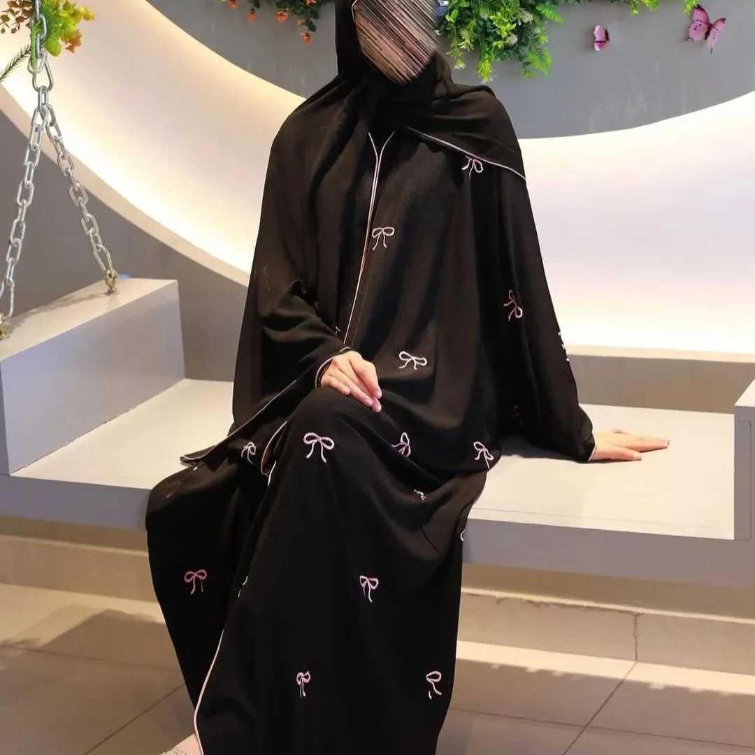 Arab Women Front Open Cardigan Scarf Burqa Islamic Bow Embroidery Robe Abaya Muslim Robe Ladies Loose Kaftan Clothing X250514