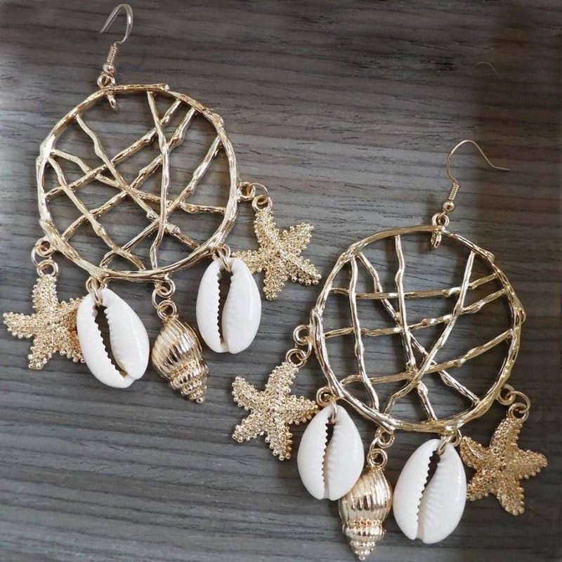 Hot selling fashion shell conch starfish dream catcher net jewelry style summer earrings for women