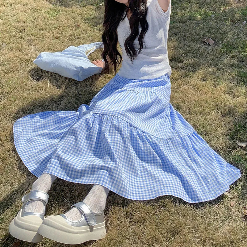 Vintage Plaid ALine Skirt Female Summer AllMatch Patchwork Long Big Swing Women Casual High Waisted Midi Skirts 250514