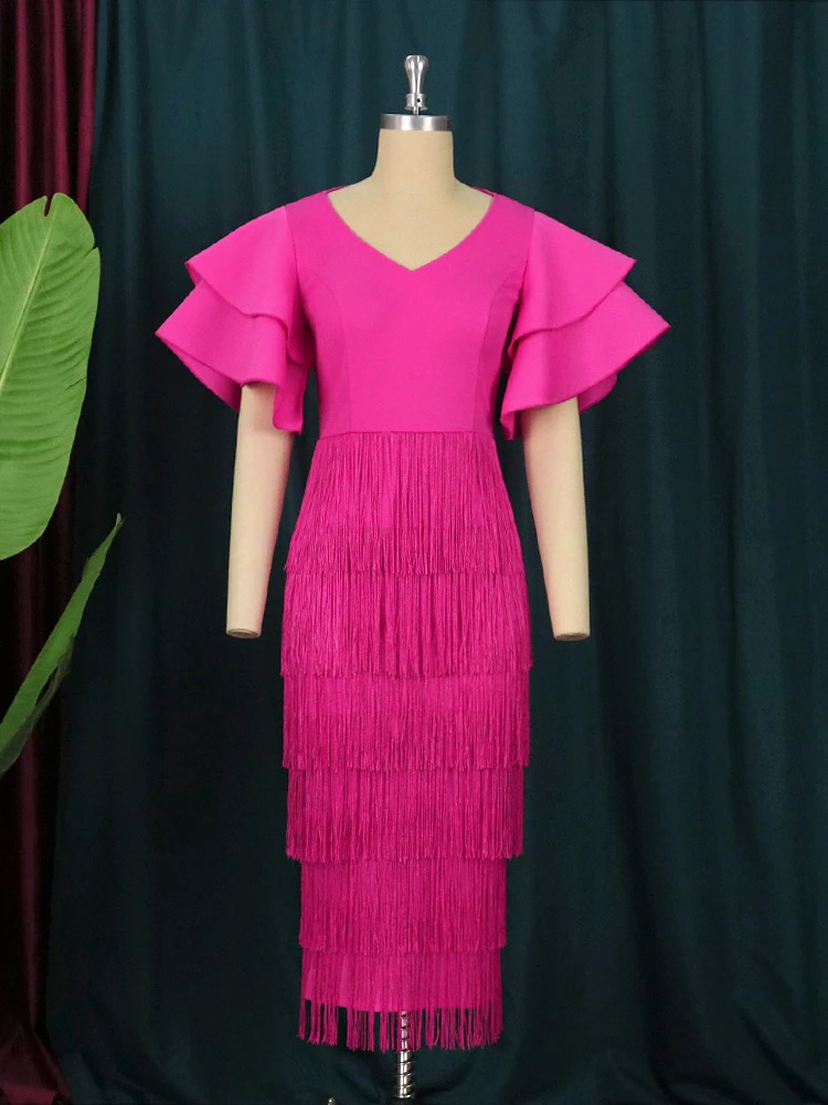 Rose Tassel Dress Plus Size 4XL Bodycon Slim Party Ruffles Short Sleeves V Neck Fringe Elegant Fashion Prom Evening Gowns 250506