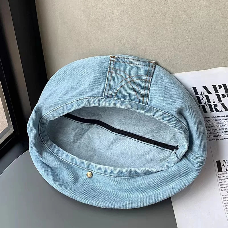 Womens Artistic Style Retro Washed Cotton Denim Pocket Headwear Fashion Painter Caps Beret Hat 250514