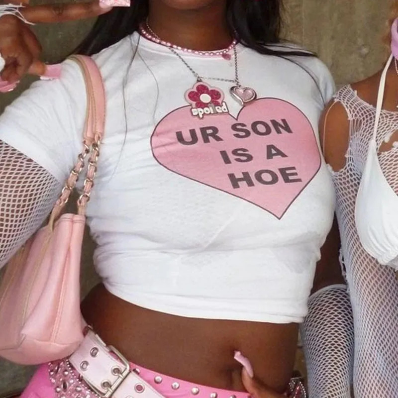 Y2K Style Letter HeartShaped Print Gothic Crop Tops ONeck Grunge HipHop Short Leeve Tshirts Women Clothes Fashion Woman 250514