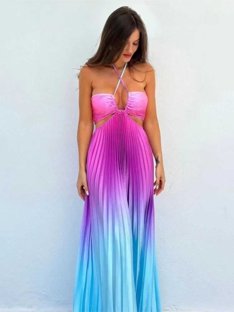 Gradient Color Halter Neck Tube Top Dresses Women Sexy Low Cut Hollow Out Backless Pleated Dress Beach Vacation Party DressesXJ250514