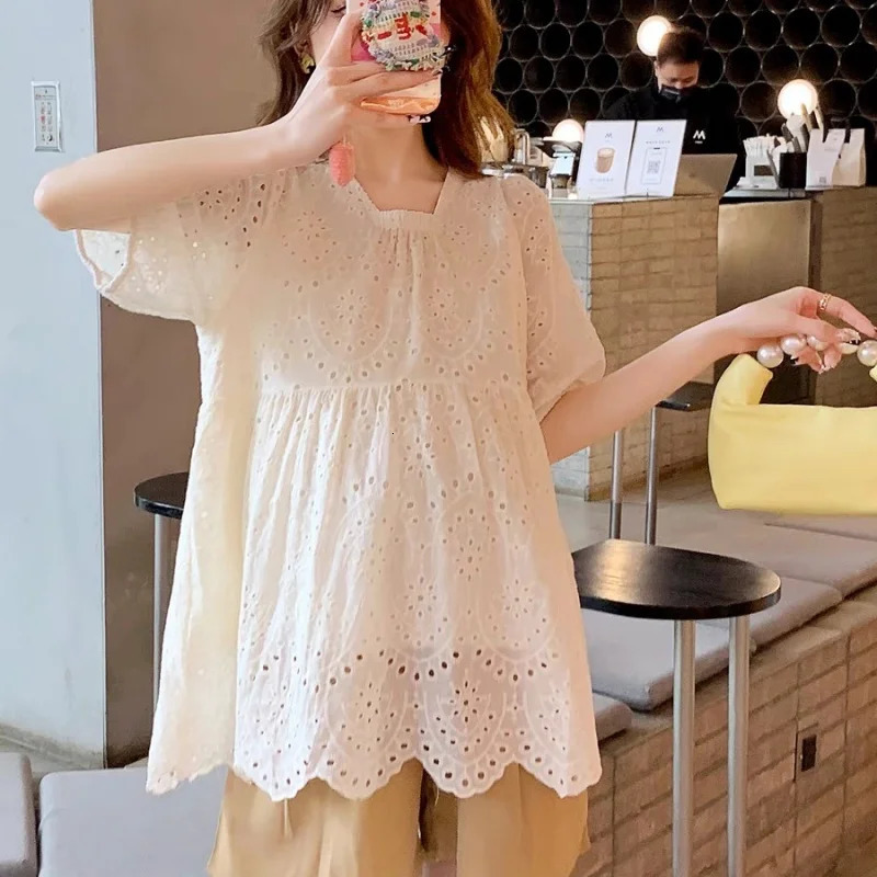 Fashion White Hollow Out Women Blouses Summer Short Sleeve Shirt Puff Casual Loose Clothing 250514