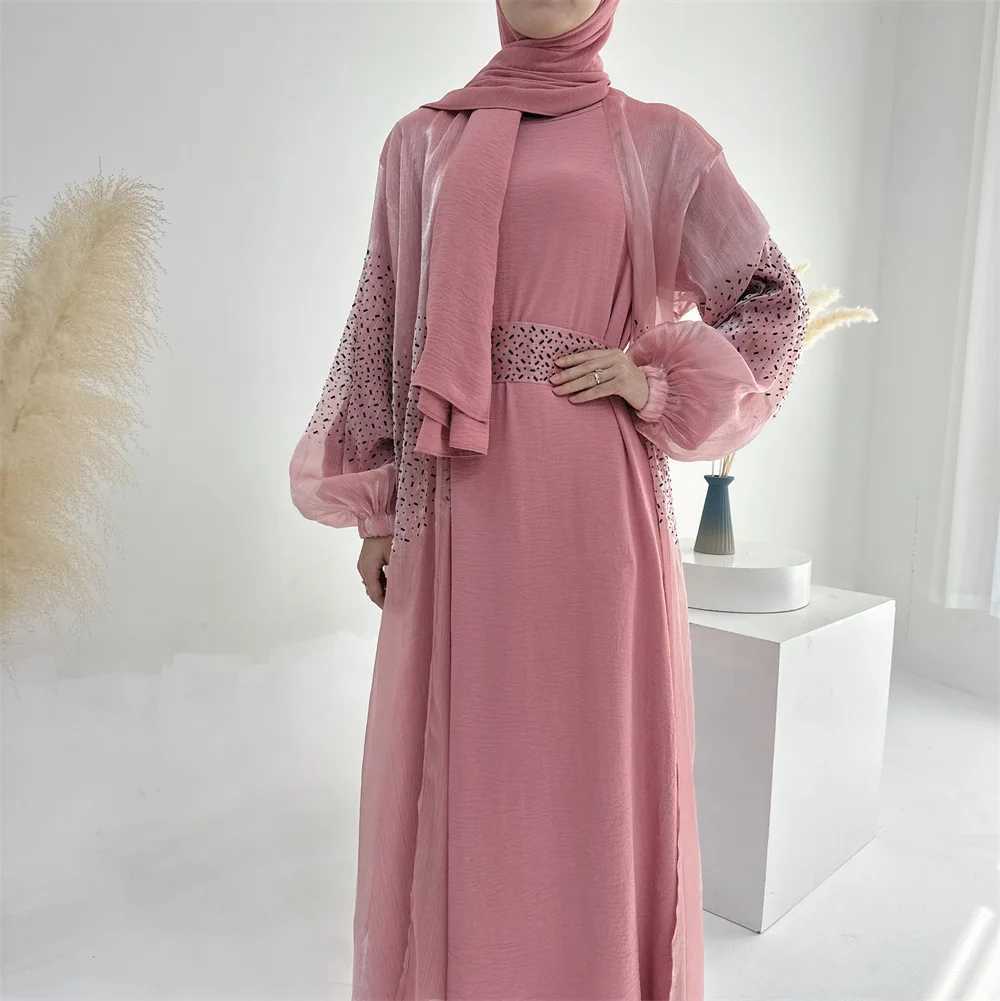 2/3Pcs Muslim Sets for Women Luxury Dubai Kimono Abaya Maxi Dress Hijab Robe Ramadan Turkey Kaftan Islam Jalabiya Ka Caftan X250514