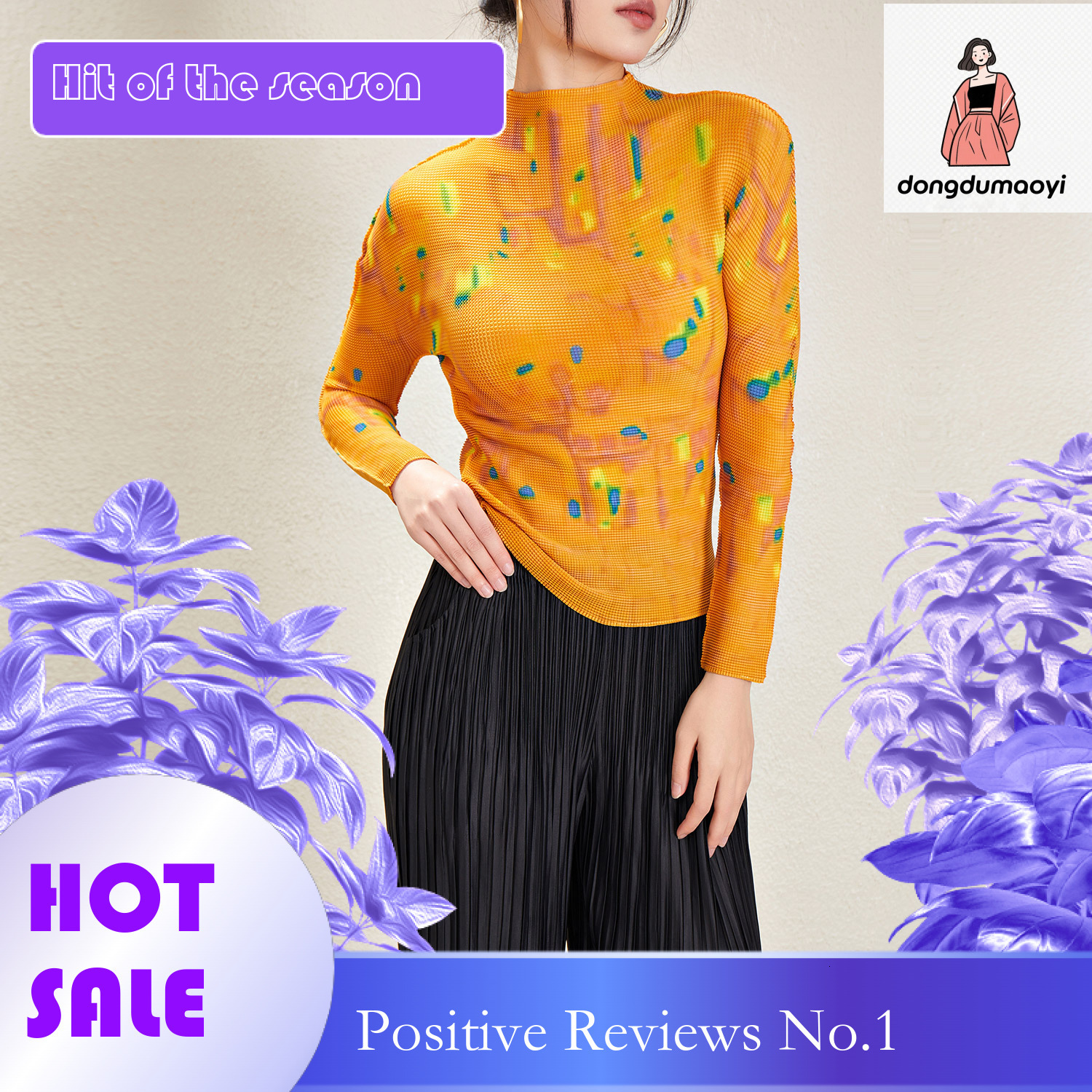 dongdumaoyi Slim fit T-shirt for women, long sleeved thin clothing, spring and autumn new products, Miyake printed western-style top, women's ver