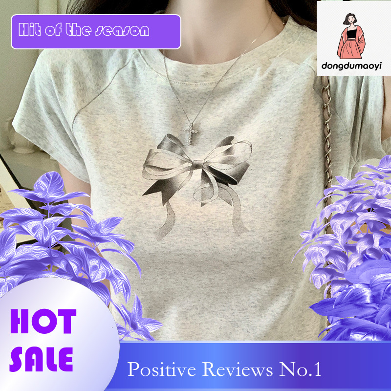 dongdumaoyi Bow print sleeved t-shirt for women's summer 2025 new design, niche round neck tight fitting short top trend