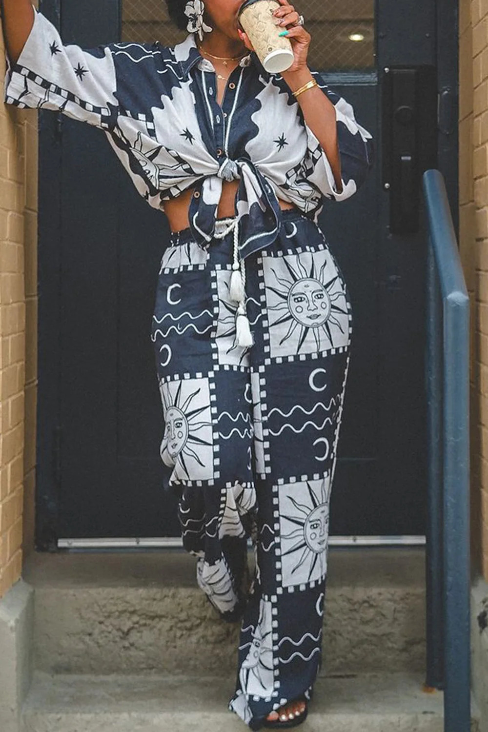 Plus Size Business Casual Multicolor All Over Print Shirt Collar 34 Sleeve Lace Up Two Piece Pant Sets 250506