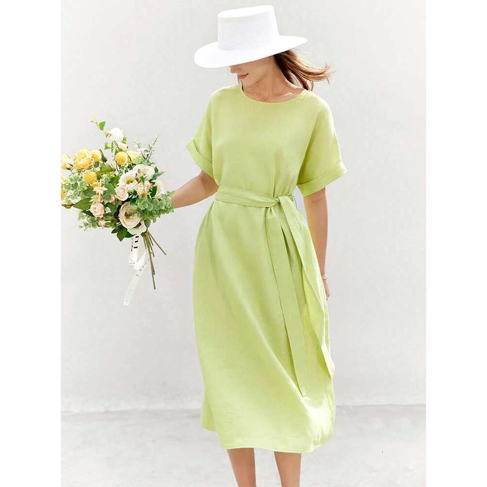 AMII Minimalist Women Dress Summer New 100% Linen Niche Fashion Artistic Temperament O-Neck Dresses Vestidos 12342278