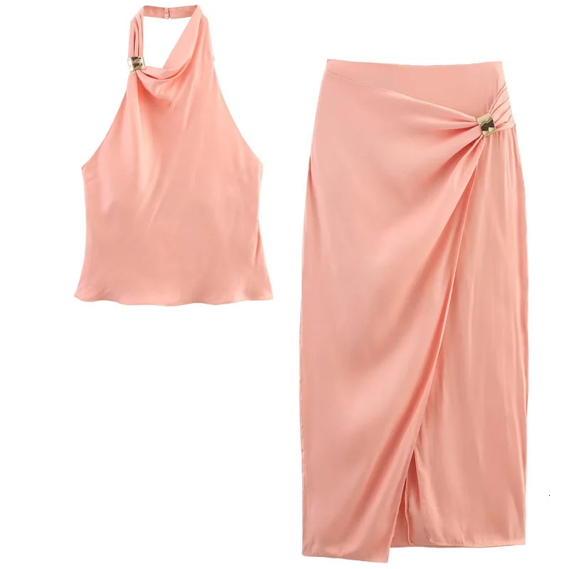 TRAF Satin Skirt Set Elegant Womens Sets Backless Halter Top Woman 2 Piece Outfit Fashion Midi High Waist Wrap Suits 250514