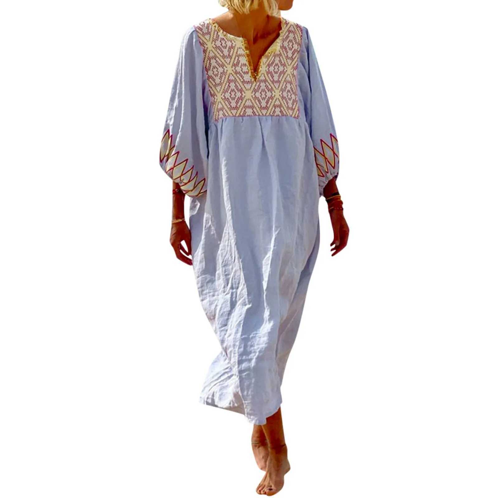 Womens Ethnic Retro Geometric Print Long Dress Spring 3/4 Lantern Sleeve A-Line Party Dress Summer V Neck Loose Beach Boho DressXJ250514