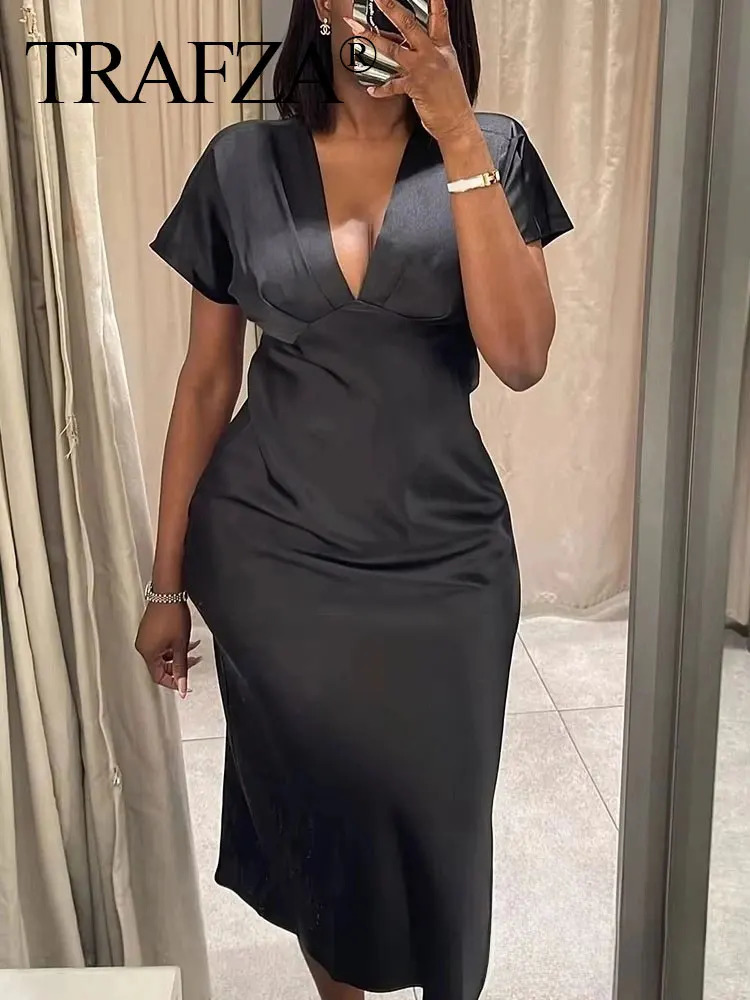 TRAFZA Female Vintage Summer Dress Women Satin Short Sleeves Solid VNeck Pleated Straight Pajama Style Elegant Long Vestidos 250514