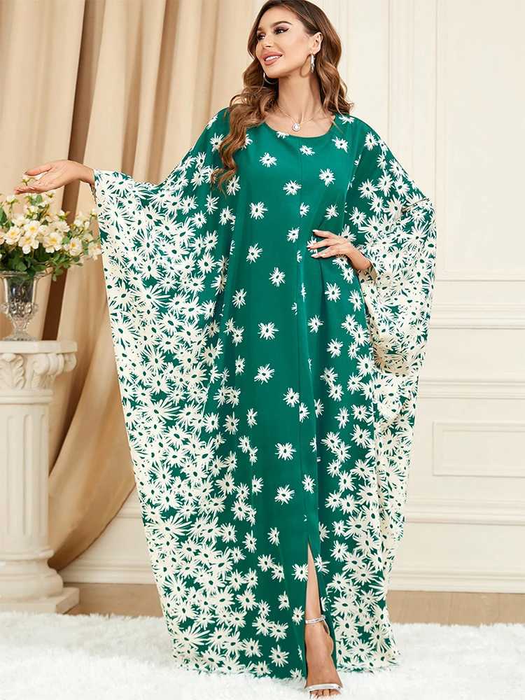 Middle Eastern Muslim clothing grn robe bat slve loose floral dress X250514
