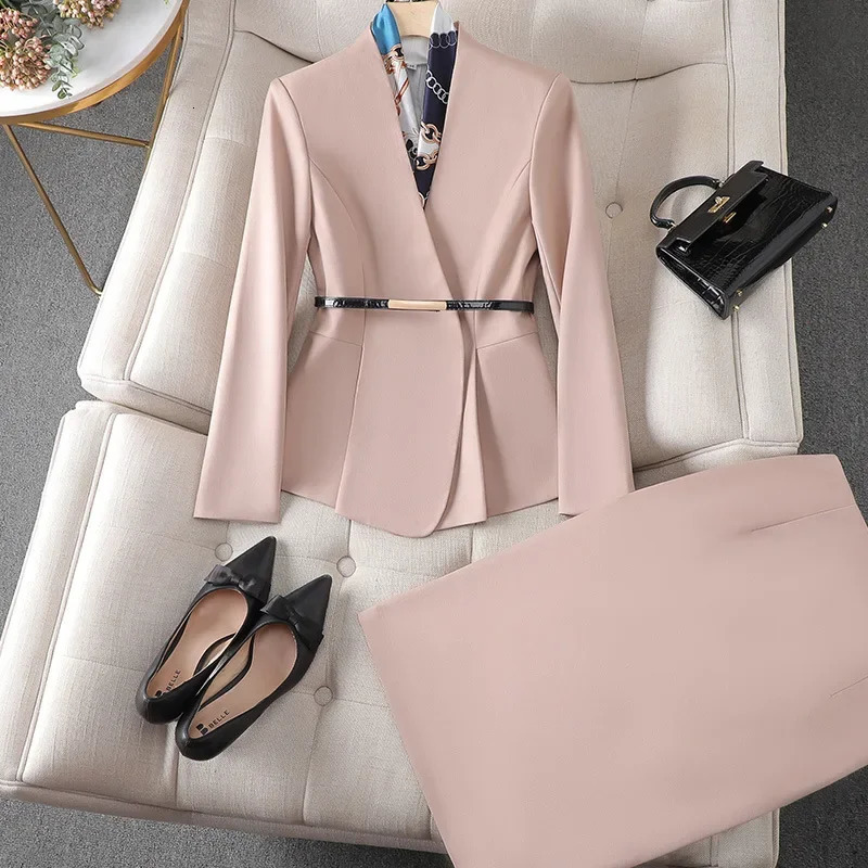 Spring and autumn Vneck set for womens elegant highend beauty salon front desk hostess workwear 250530