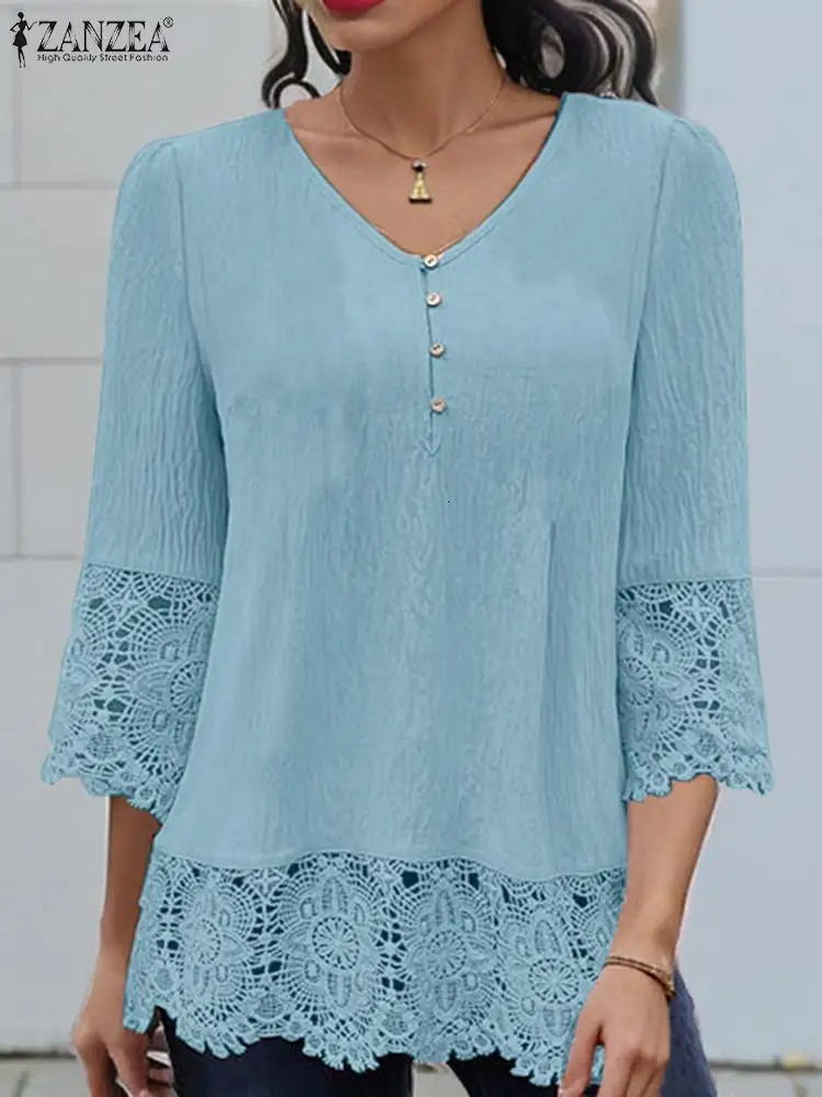 ZANZEA Korean Fashion Casual Blouses V Neck Solid Color Lace Patchwork 34 Sleeve Shirt Tops Autumn Elegant Women Blusas 250514