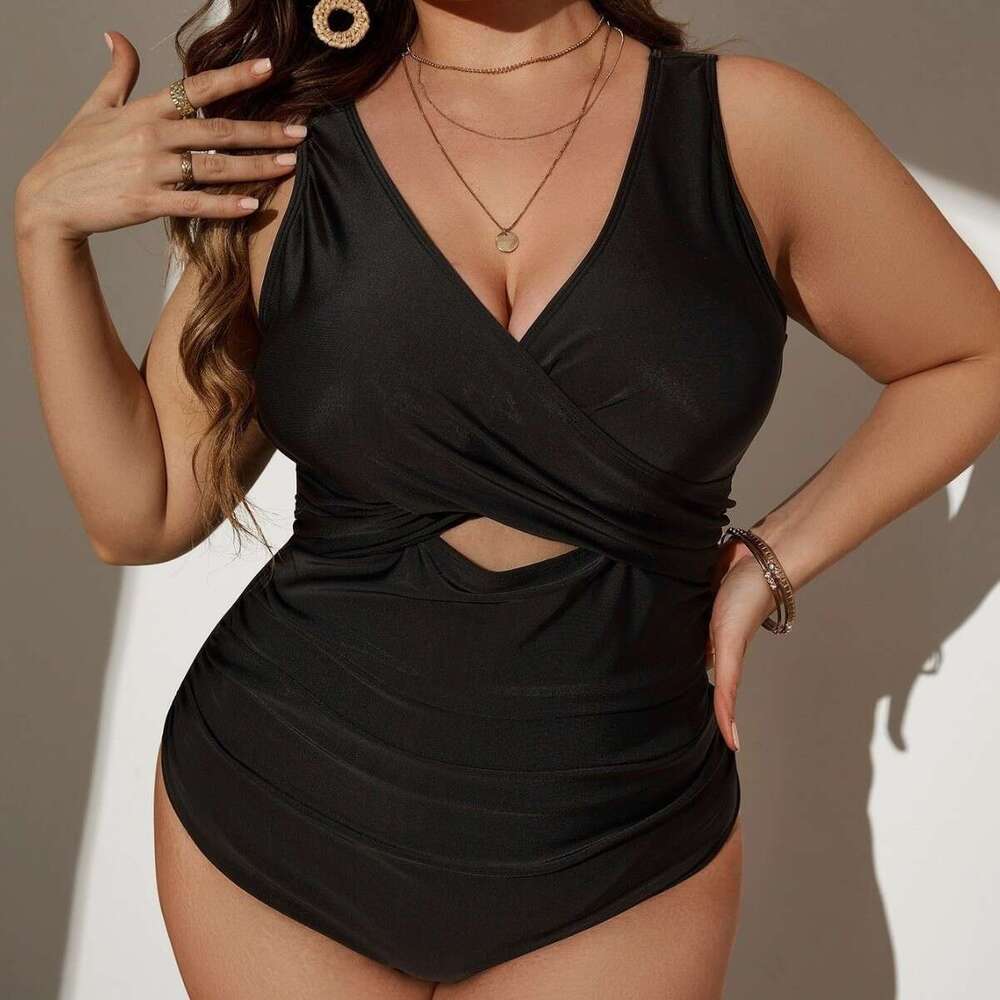 New European and American plus size one-piece women's beach solid color multi-color polyester high elasticity explosive swimsuit new temperament 