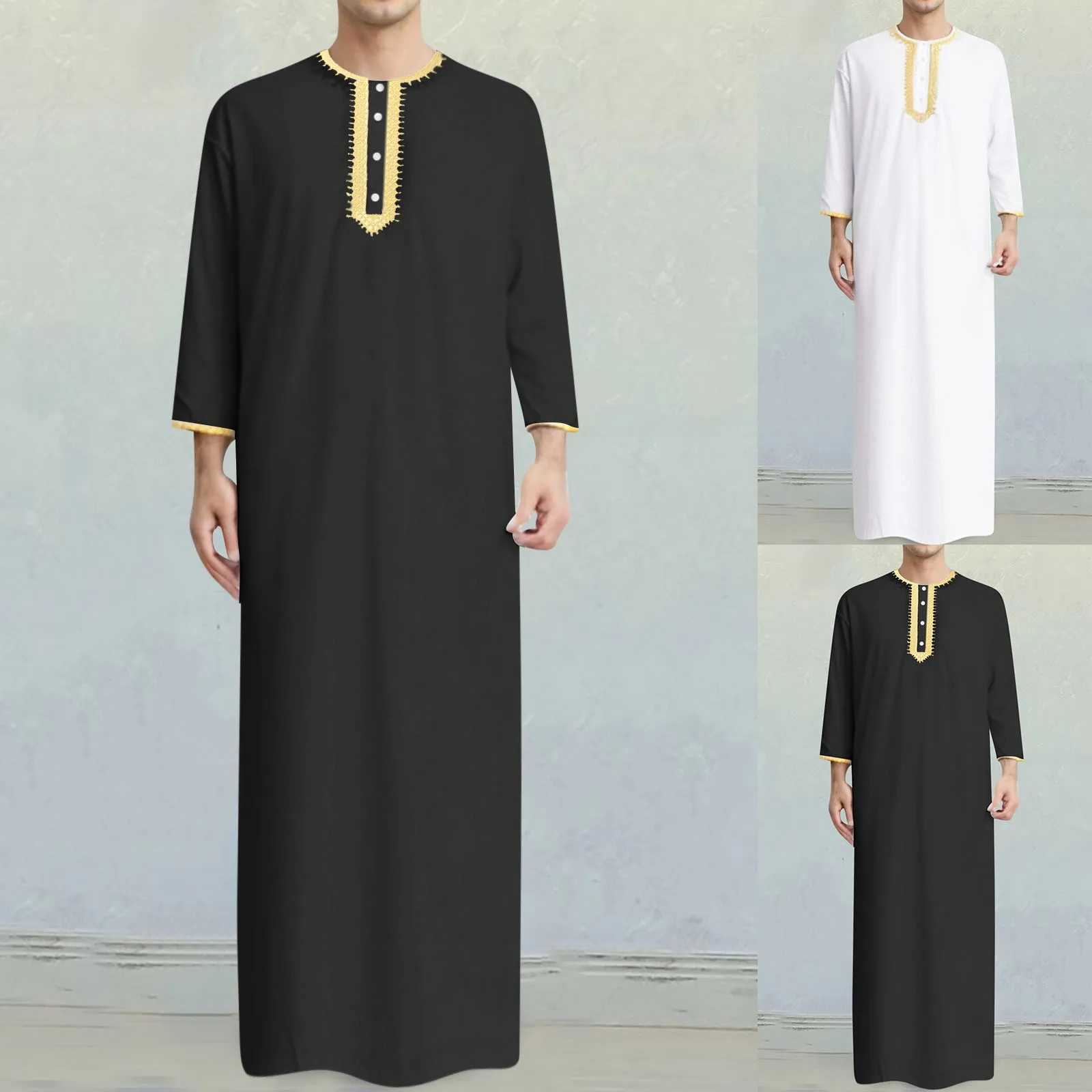 Mens Embroidered Robe Muslim Arab Hui Solid Color Ribbon Robe Dubai Travel Robe Simple Casual Korean Version Slim Fit Shirts X250514