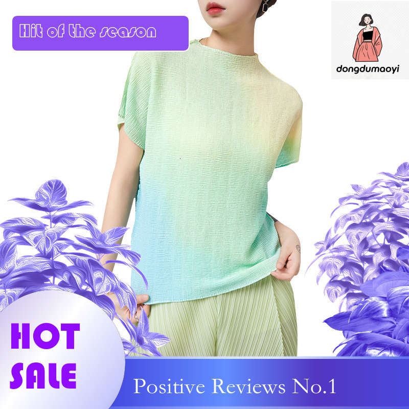 dongdumaoyi Style top women's short sleeved summer Miyake chic printed design sense pleated round neck slimming t-shirt