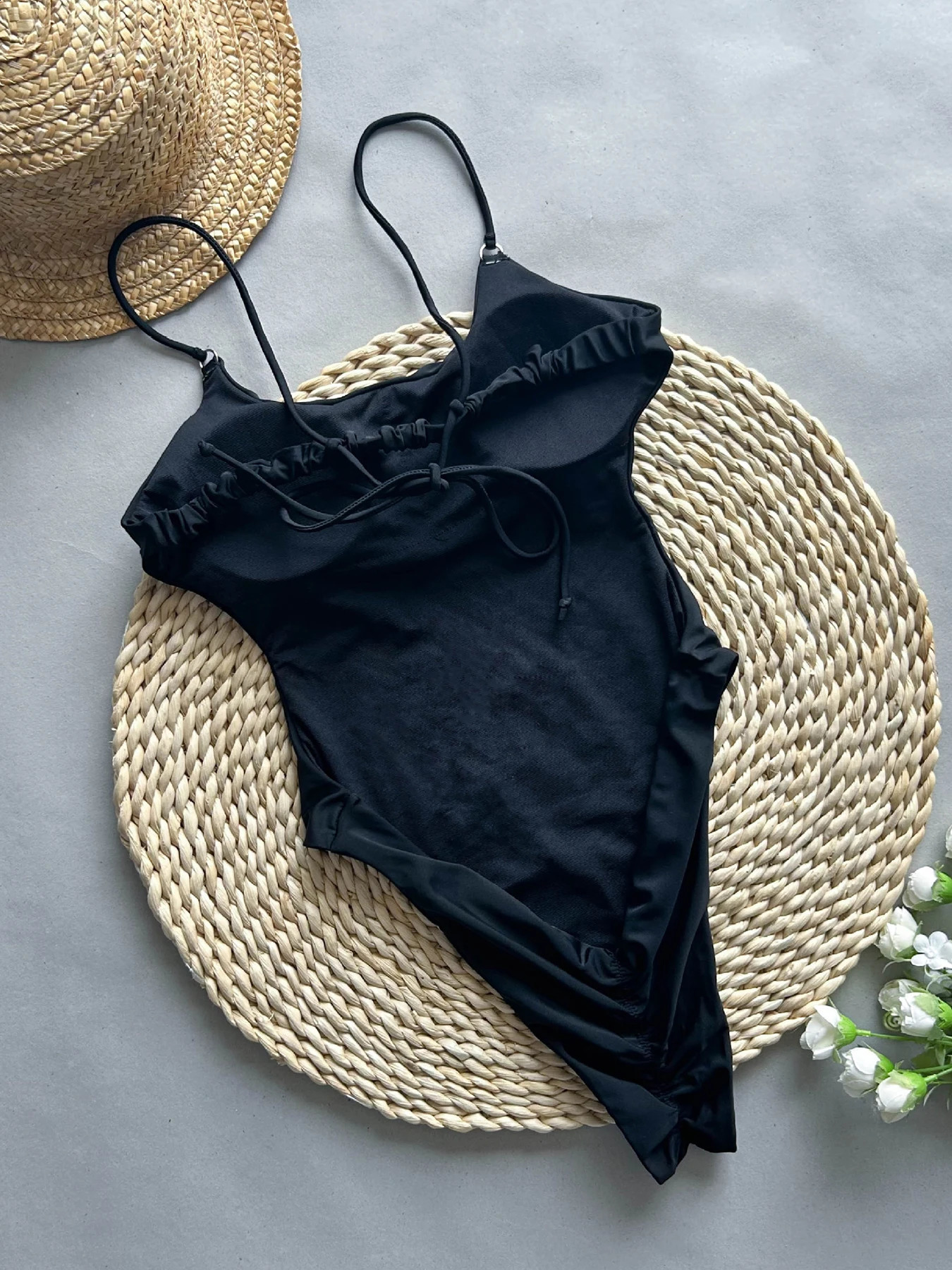 2024 backless swimsuit womens onepiece solid Monokini high cut beachwear 250506