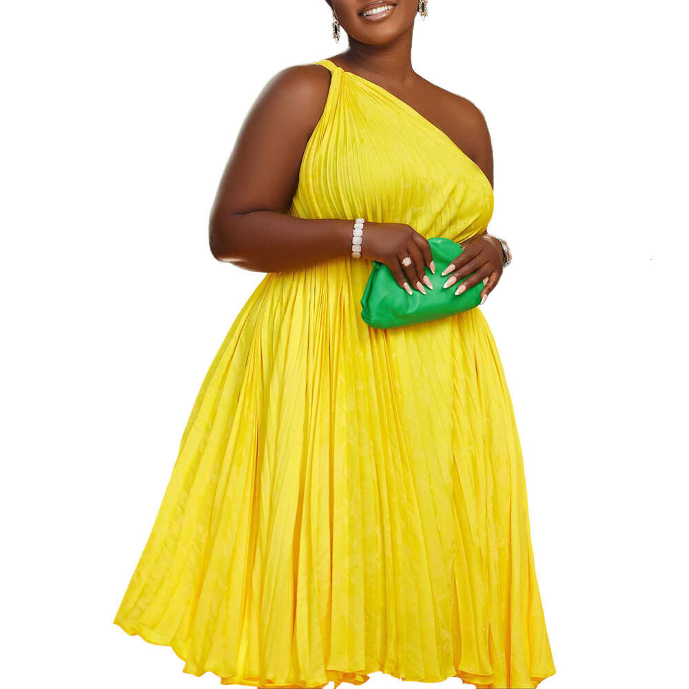 Women's Wear Women's 2023 Summer New Pressed Pleated Oblique Shoulder Large Swing Strap Solid Color Dress