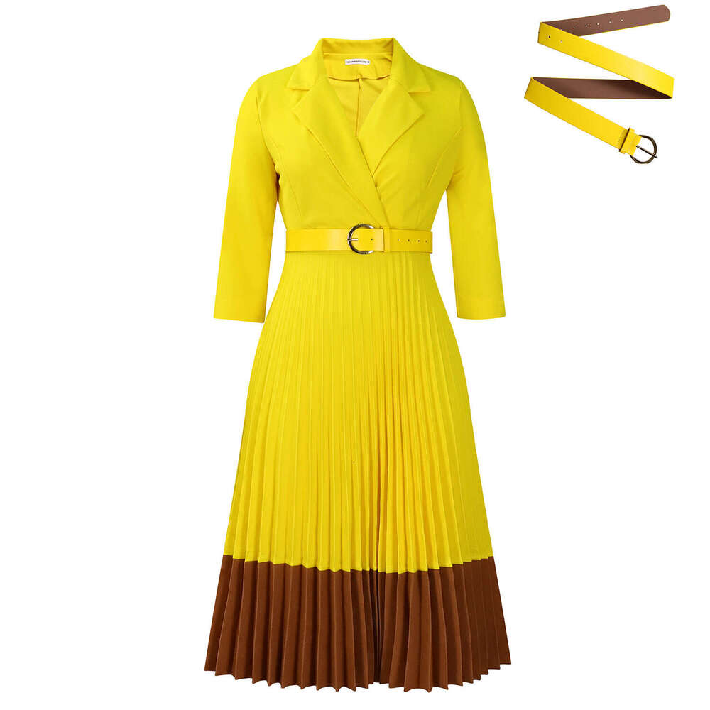 Women's Wear Women's Wear Women's Spring Suit Collar Fashionable Color Blocking OL Elegant Pleated High Waisted Dress