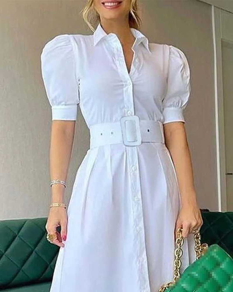 Party Belt Dresses For Women 2025 Spring Summer Fashion Elegant Stripe Print Short Sleeve Long Dress Lady High Waist Shirt DressXJ250514