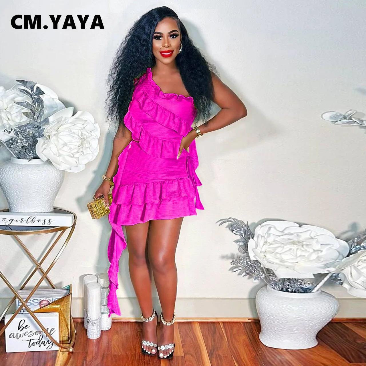 CM.YAYA Women Set Sleeveless One Shoulder Ruffles Tops and Mini Skirt Suits Sexy Cute beach Street Two 2 Piece Set Outfits 250513