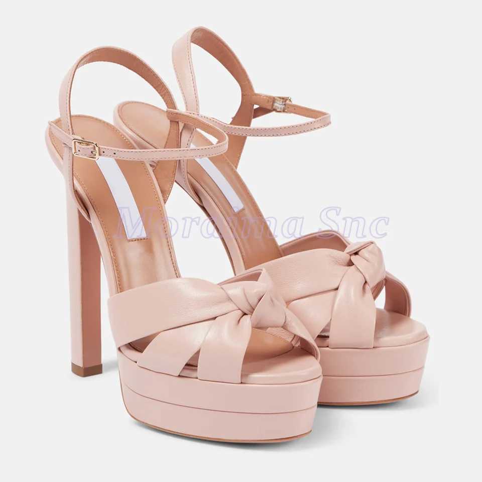 Bridal Knot Satin Platform Sandals Block High Heel Ankle Buckle Strap Round Open Toe Fashion Womens Wedding Shoes Summer 2025 W250514