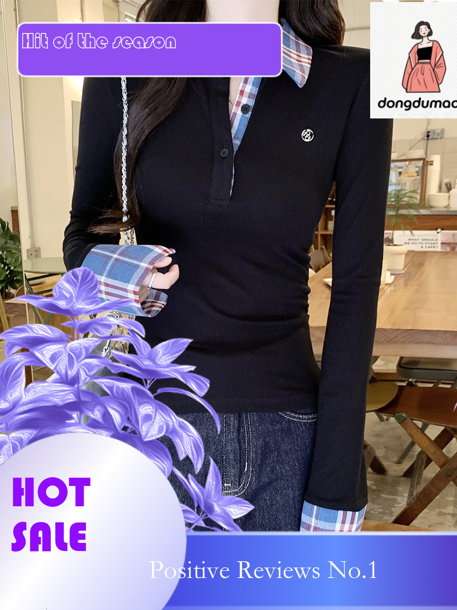 dongdumaoyi POLO collar plaid spliced long sleeved T-shirt for women in spring, plus size, chubby MM, slim fit, fake two piece top, trendy
