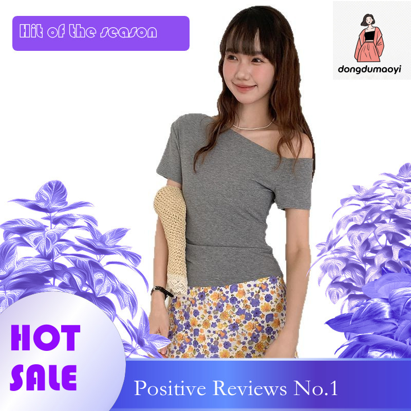 dongdumaoyi Slanted short sleeved T-shirt for women in summer 2025, versatile design, slim fit, slimming and off shoulder top
