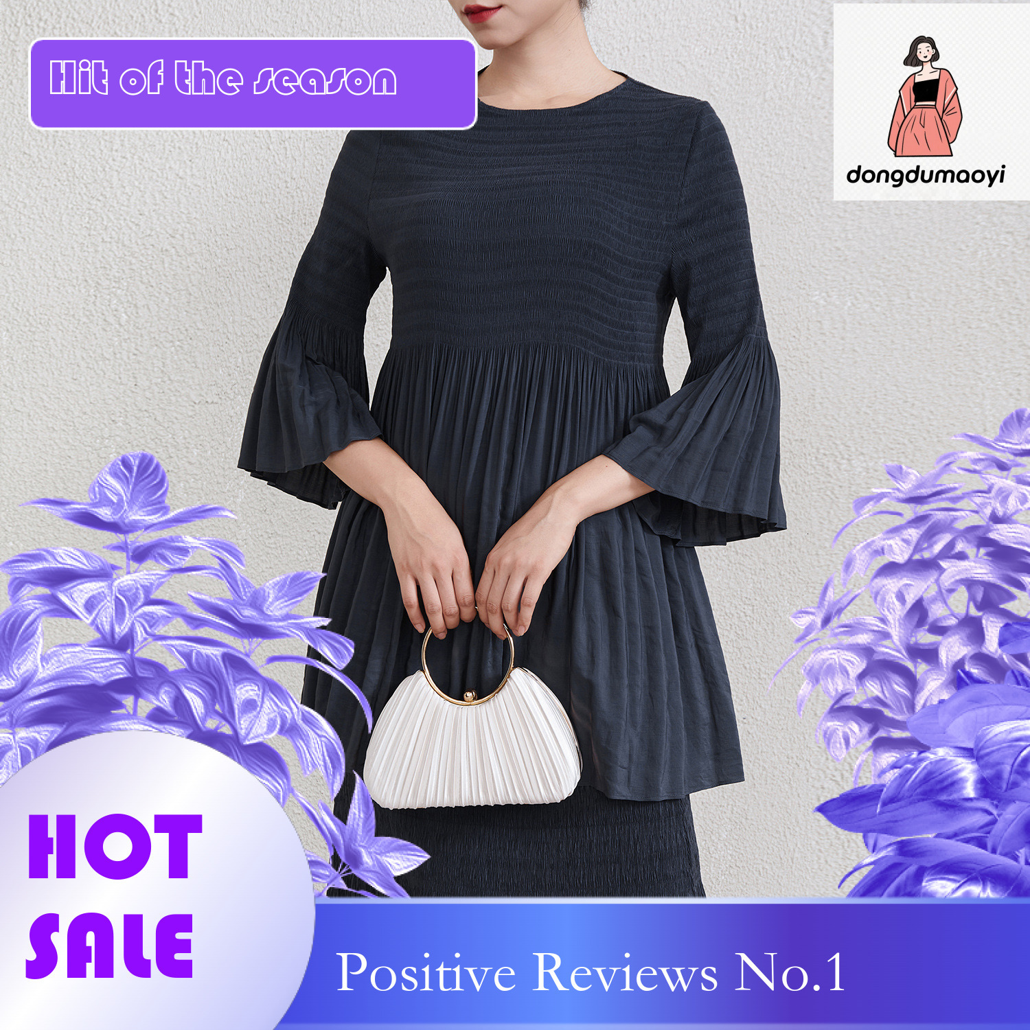 dongdumaoyi Miyake trumpet sleeve round neck pleated T-shirt 2025 spring new large loose medium long style slimming top for women