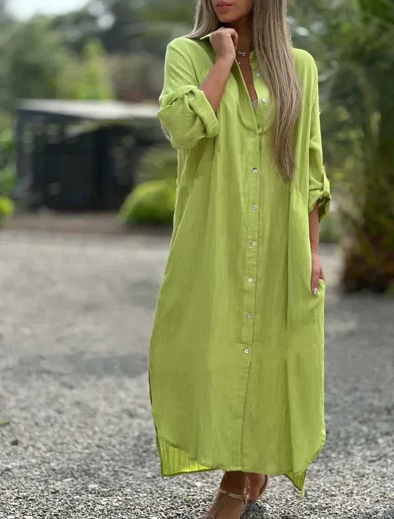 2025 Spring Cotton Linen Women Long Dress White Solid Pocket Oversize Shirt Dresses Female Casual Fashion Loose Clothes LadiesXJ250514