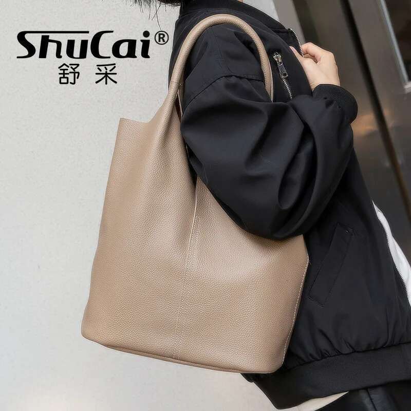 Genuine Leather Commuter Simple Ladies Soft Cowhide Tote Shoulder Handbag Large Capacity Women Bucket Bag 2025 New
