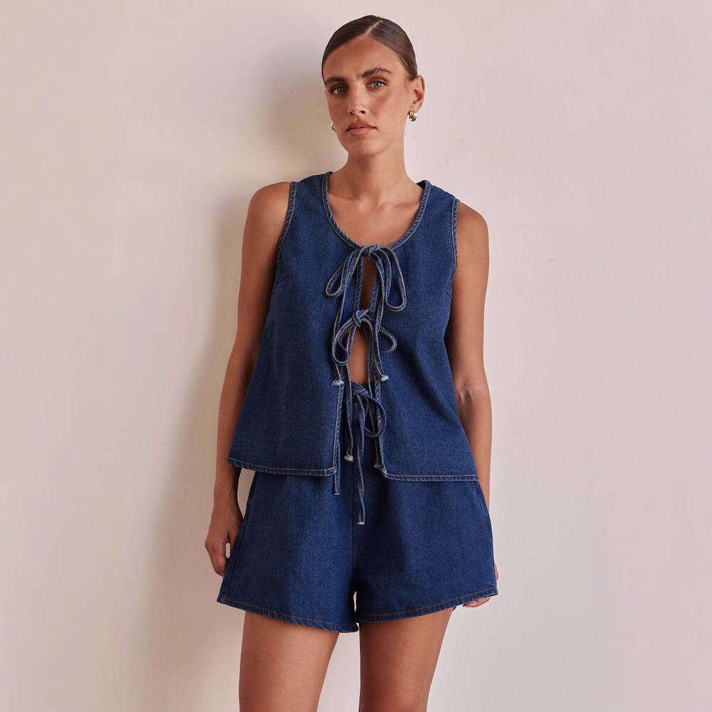 2025 Style Summer Fashion Casual Sleeveless Lace Up High Waisted Womens Vest Denim Suit Shorts for Women High Elasticity Versatile Printing New Produc