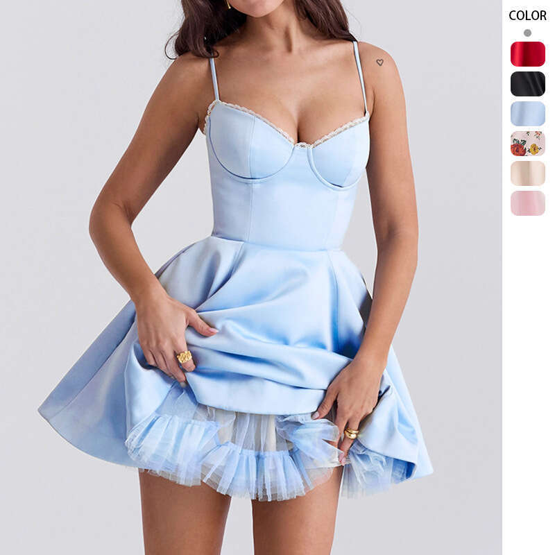Fulllace Womens Designer Clothing Dresses Robe Plus Size Dresses 2025 Summer Womens Hot Girl Strap Slimming Bareback Princess Puff Temperament Dress f