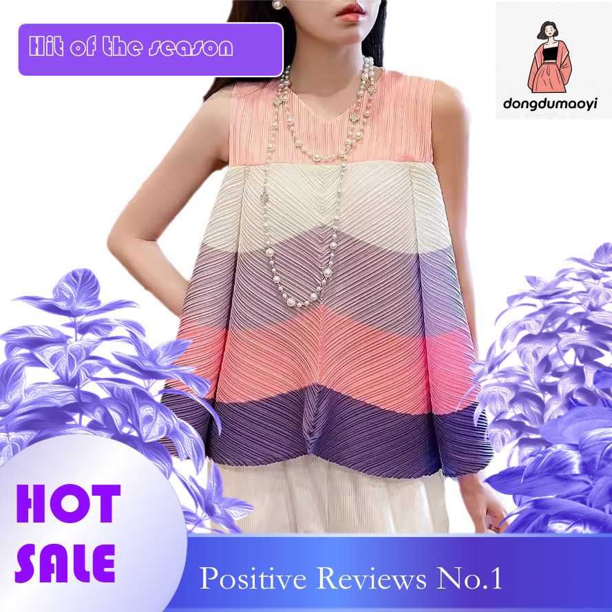 dongdumaoyi Folded mini top, summer new style, Miyake design, contrasting colors, flower buds, sleeveless t-shirt, ins trendy