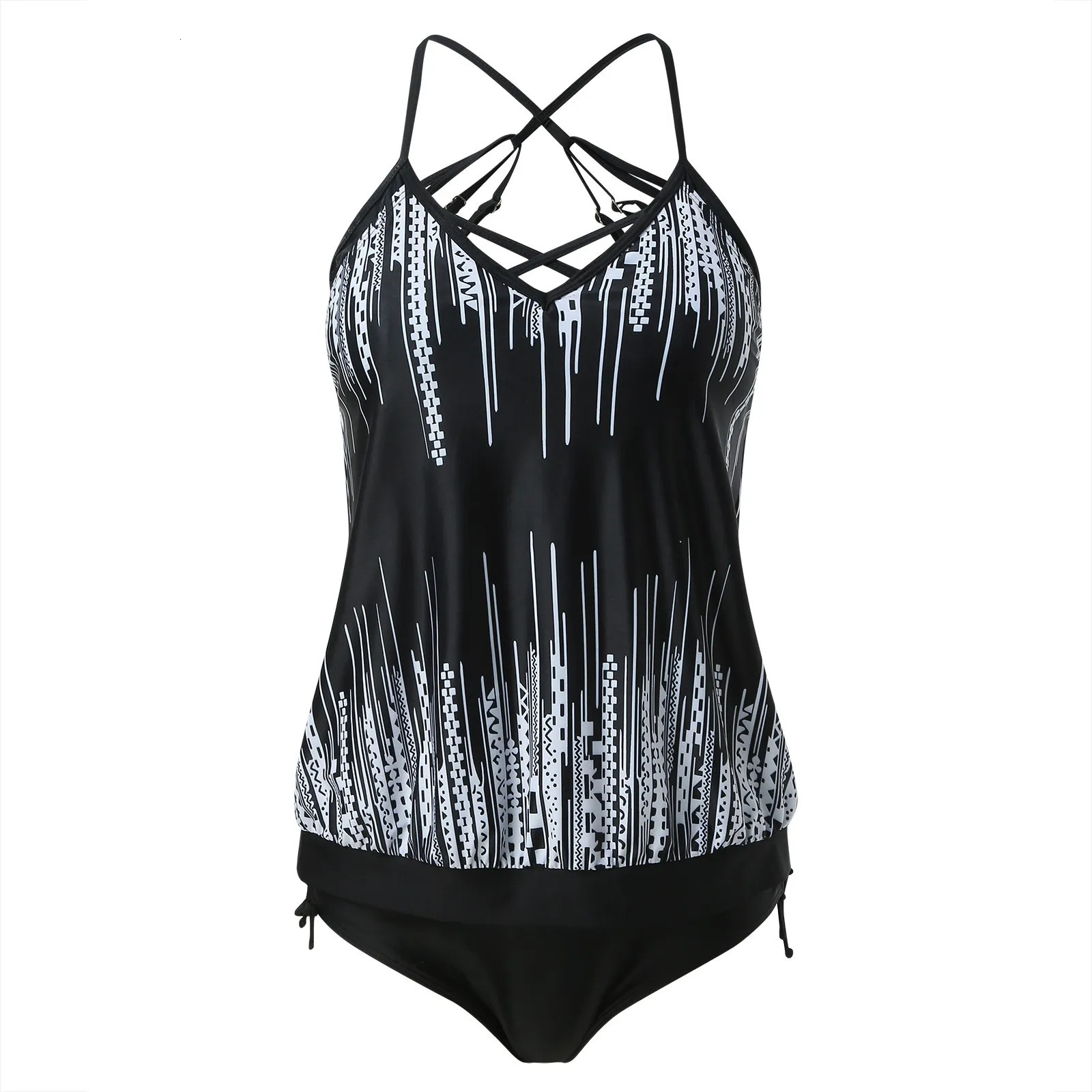 Plus Size Swimwear For Women Cross Straps Tankini Set Sport Sexy Bodysuit Beach Wear Swimming Suit Fashion Striped Bikini Set 250509