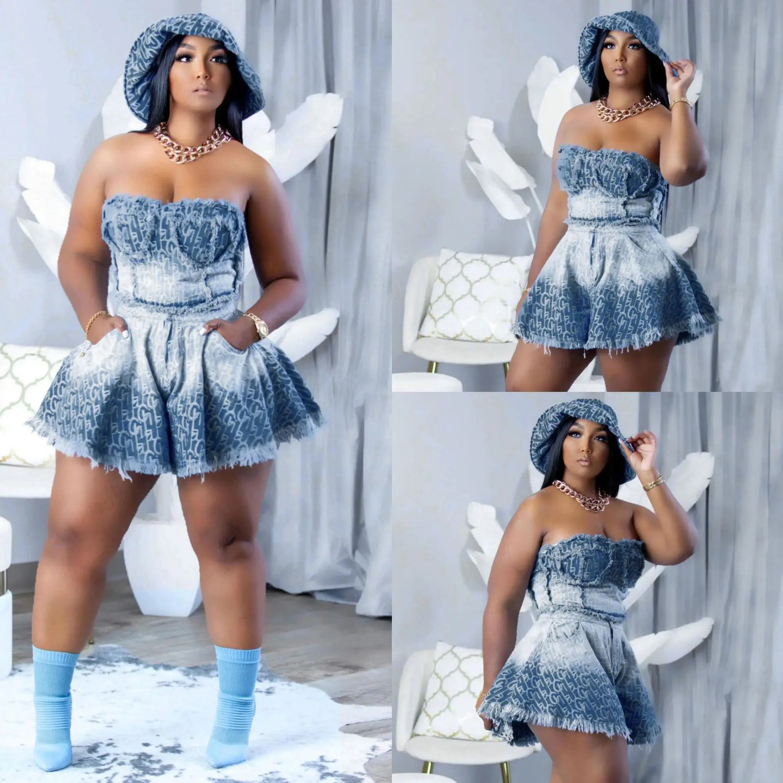 Denim Women Skirts Suit Sexy Strapless Short Tops Print Ensemble Backless Pockets Hem Skirt Female Streetwear 2 Piece Sets 250514