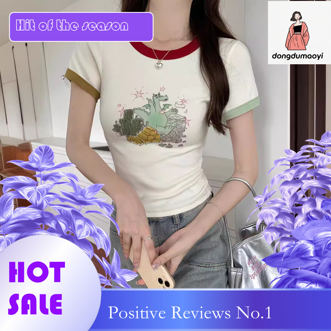 dongdumaoyi American printed shoulder sleeved T-shirt for women in summer, contrasting color round neck sweet spicy girl slim fit and slimming short t
