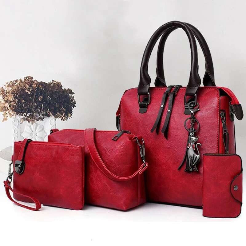 Women Composite Tassel Leather Purse Handbags Famous Brands Designer Top-Handle Female Shoulder Bag 4Pcs/Set