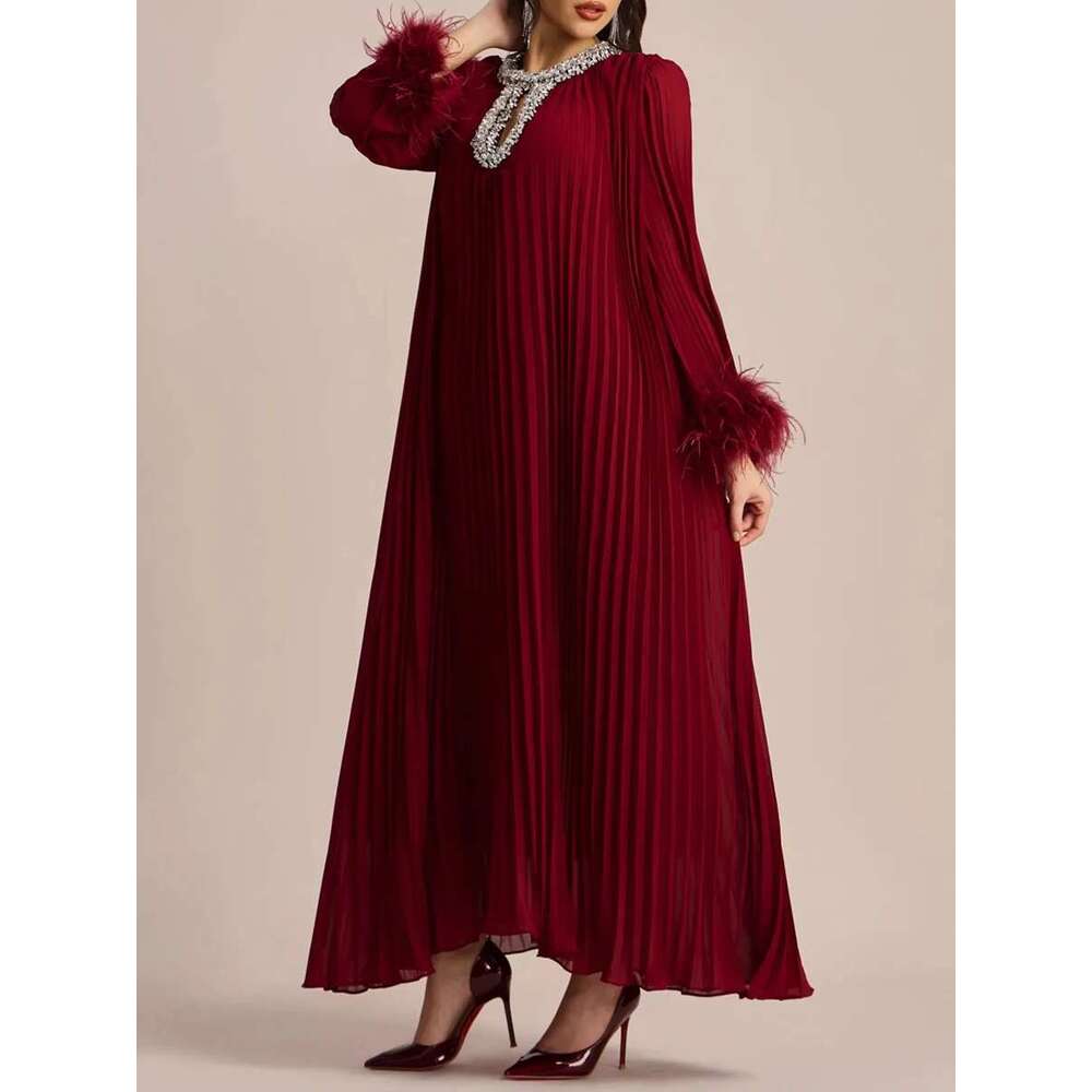 VGH Solid Spliced Dias tail Dress for Women O Neck Long Sleeve Loose Wiast Patchwork Feather Dresses Female New
