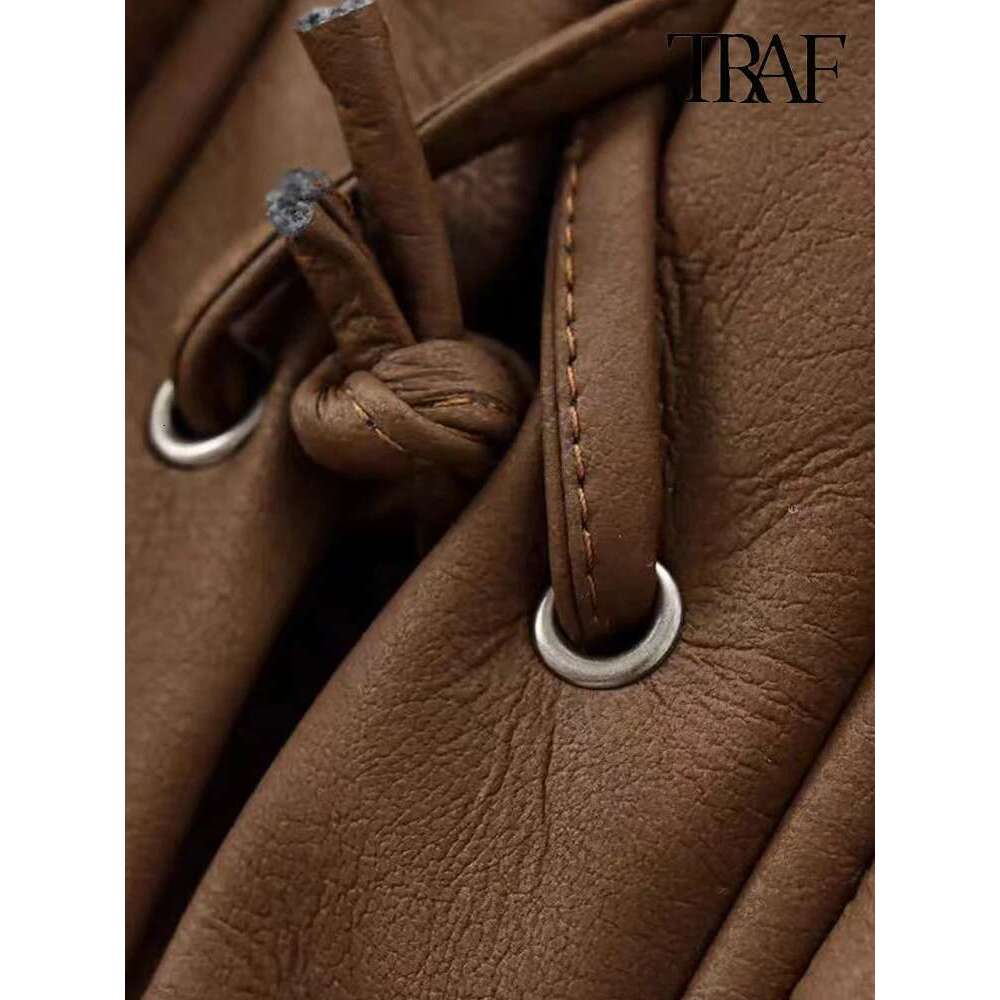 TRAF Women Fashion Autumn Elegant Plush Lapel Street Trend Lace-up Irregular Hem Casual Commuter Leather Jacket