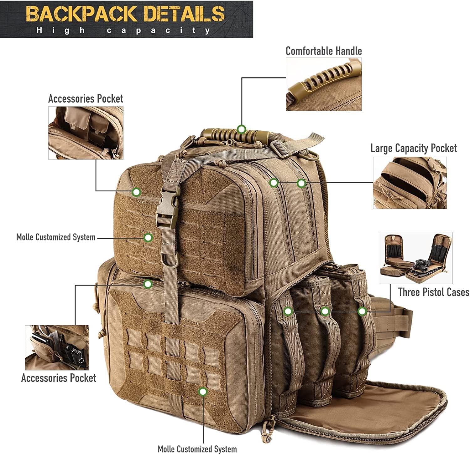 VOTAGOO Tactical Range Backpack, Gun Bag for Handguns and Ammo, 3 Pistol Carrying Cases for Hunting Shooting