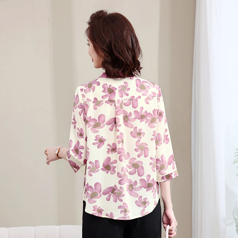 Fashion Printed Spring and Autumn shawl collar Womens Floral Checked Mid Sleeved Loose Chiffon Tops 250514
